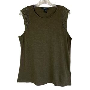 Lauren Ralph Lauren Sz L Crocheted Shoulder Casual Top Olive Green Slub Cotton